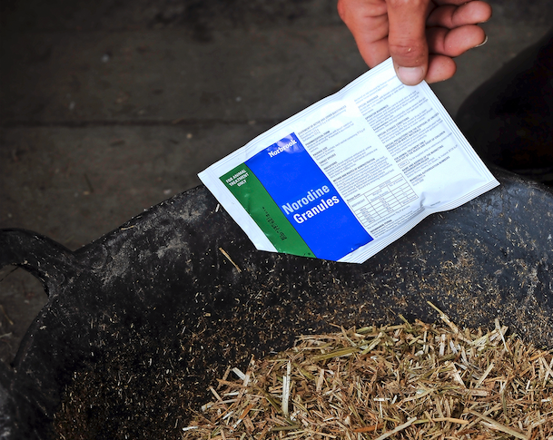 Pictured are horse antibiotics being added to a bucket feed