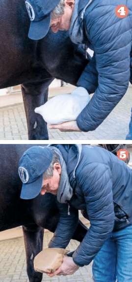 Steps four and five of Alan Davies' guide to applying a hoof poultice are shown