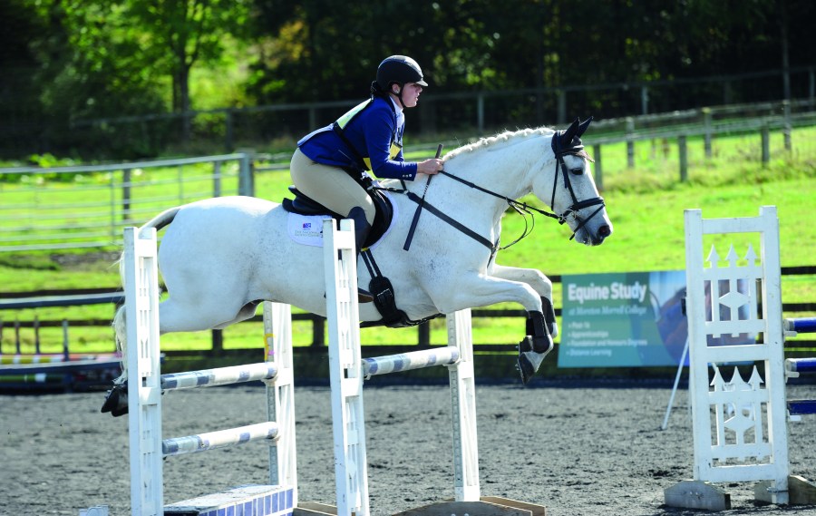 Pictured is a grey horse and rider showjumping over an over. The horse is wearing protective boots on their front legs