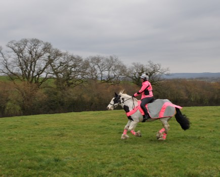 Lady in pink high vis canters a piebald cob in a field