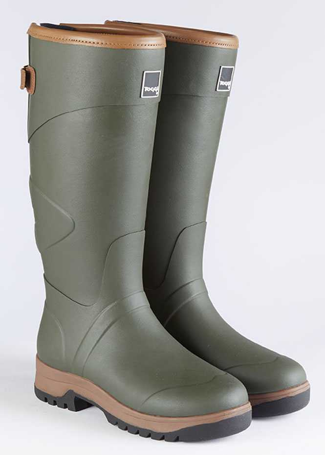 A pair of green Toggi Barnsdale Wellington Boots with light brown trim 