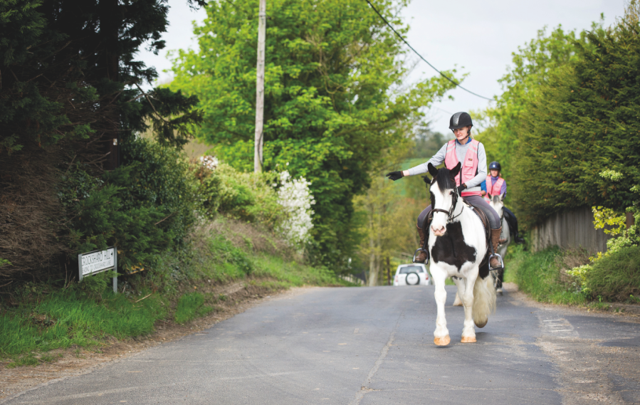 A horse rider signals right as per The Highway Code while riding on the road