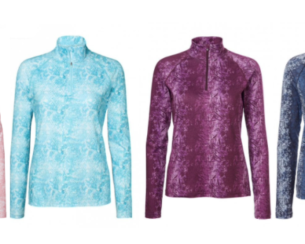 Image shows the Mountain Horse Cleo Tech Top in four different colours: pink,aqua, burgundy and blue