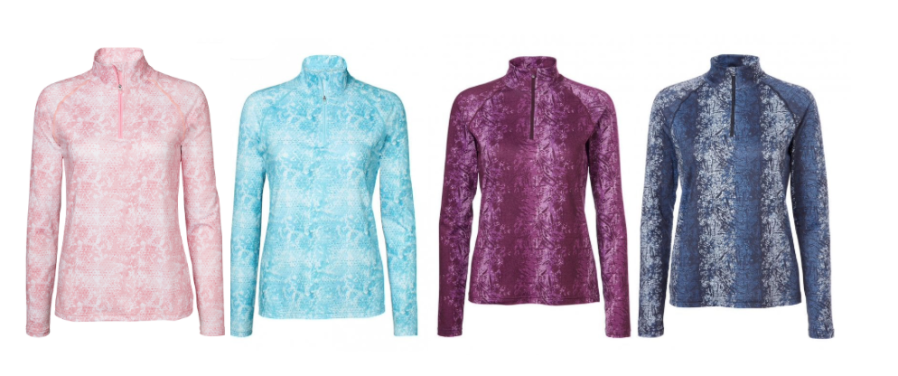 Image shows the Mountain Horse Cleo Tech Top in four different colours: pink,aqua, burgundy and blue