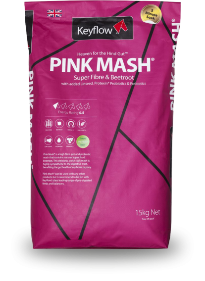 Pictured is a bag of Pink Mash, a soaked feed by Keyflow