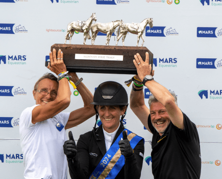 Caroline Powell is pictured with the trophy at Badminton Horse Trials