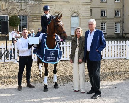 Pictured is the BE100 Voltaire Design Grassroots Champion at Badminton Lucinda Mills collecting her prize aboard Chaconda Blue