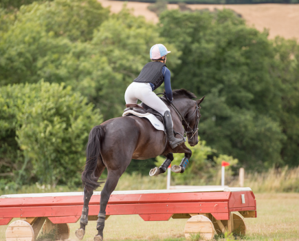 A rider is pictured wearing a black body protector while jumping a cross-country jump on a dark horse