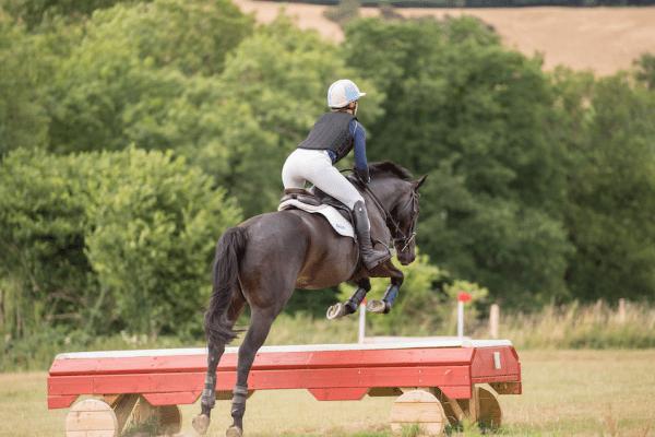 A rider is pictured wearing a black body protector while jumping a cross-country jump on a dark horse