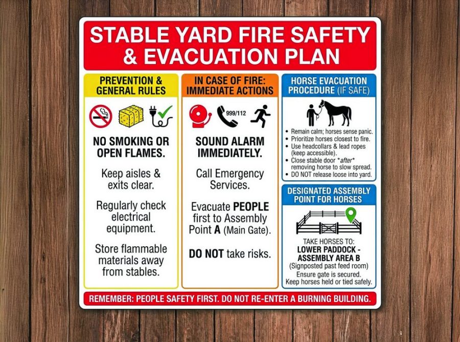 Fire safety advice sign that applies to a stable yard where horses are kept and includes space for what to do with the horses and where to take them as part of the evacuation process