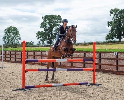 Pictured is a bay horse and rider clearing a vertical showjump, which Piggy March recommends making the final fence of your warm-up routine