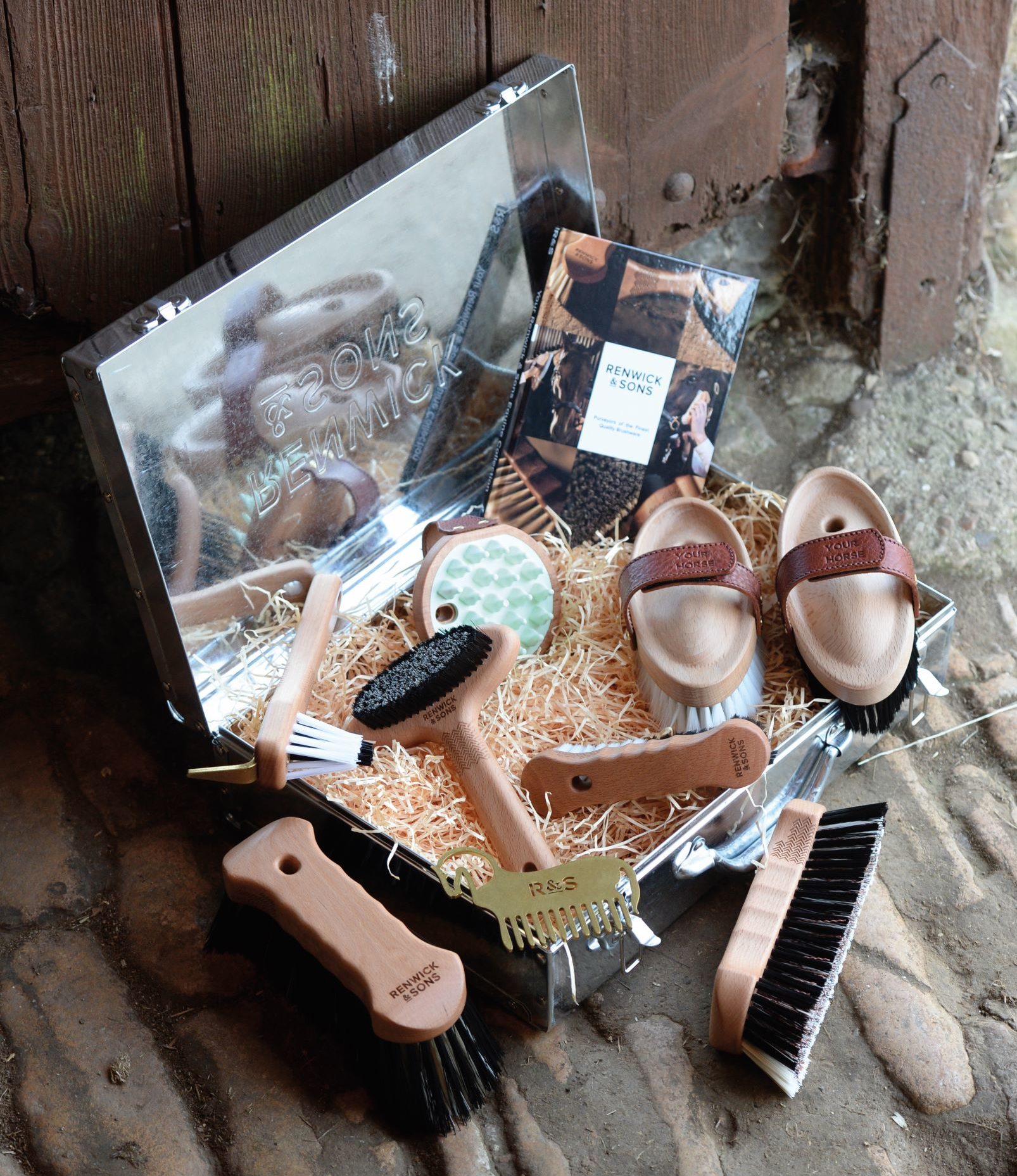 Pictured is the luxury horse grooming brush set from Renwick & Sons