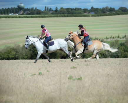Pictured are two horses and riders having fun cantering out hacking on a #Hack1000Miles photoshoot