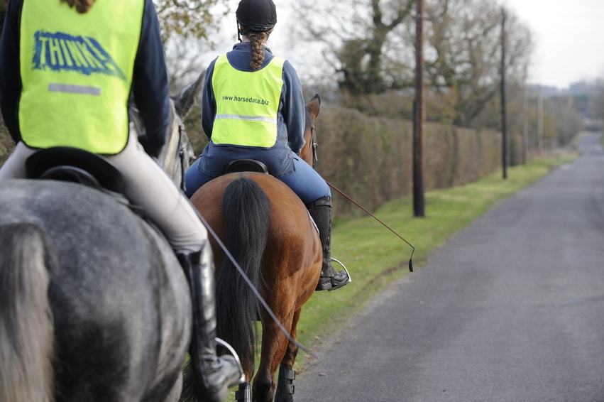 The images shows two riders on the roads. Both are wearing high vis; one is riding a grey horse, the other is riding a bay horse.