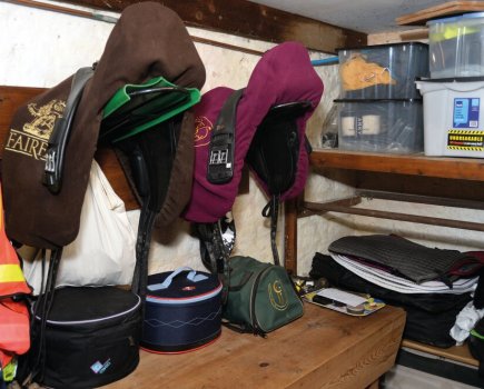 Pictured is a horse tack room
