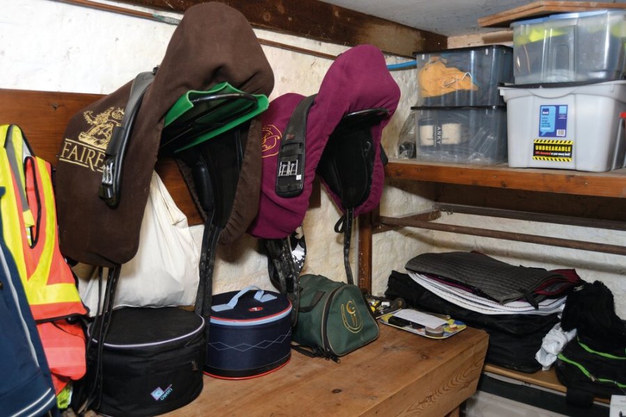 Pictured is a horse tack room