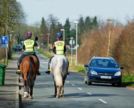 Two horse riders on the road side by side, thanking a passing car driver