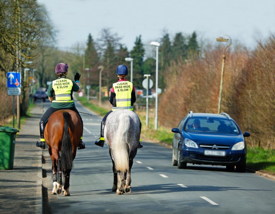 Two horse riders on the road side by side, thanking a passing car driver